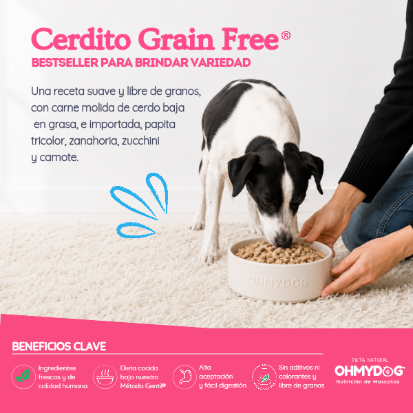 Dieta Alimento Natural cocida de cerdo grain free libre de granos con ingredientes reales para mascotas de OHMYDOG El Salvador