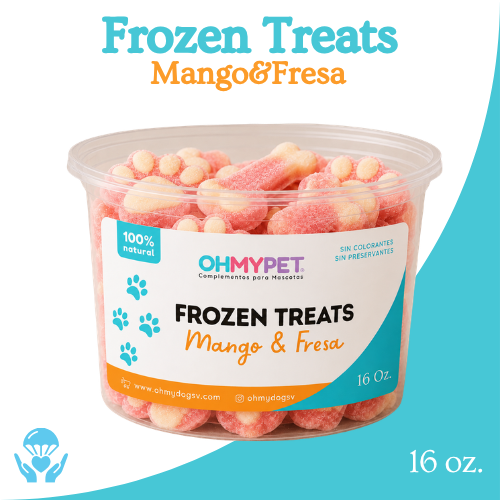 Frozen Treats de mango y fresa, 100% naturales para perros y gatos, con ingredientes nutritivos y de calidad humana sólo en OhMyDog® El Salvador